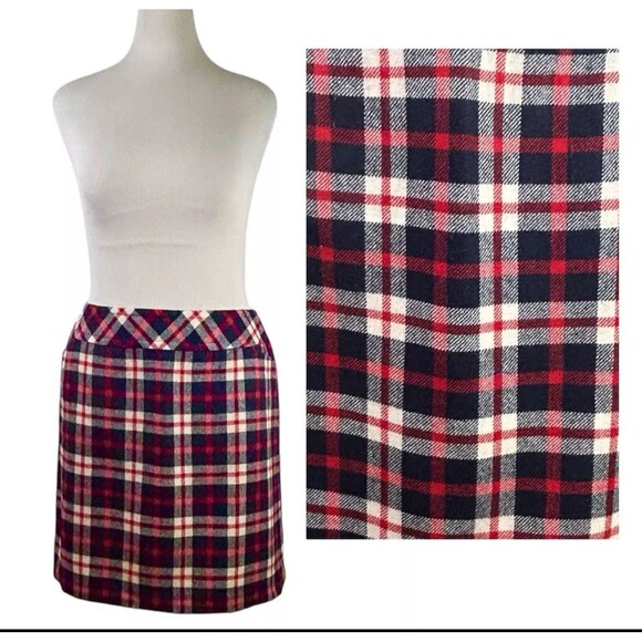 TALBOTS Women’s Plaid SKIRT Sz 14 Wool Blend Red Office Academia Career Side Zip - Picture 1 of 7
